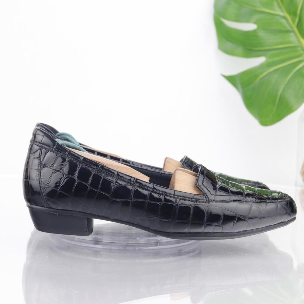Clarks Shoes Womens Juliet Lora Loafers Size 6.5 M Black Patent Croc Comfy Flats